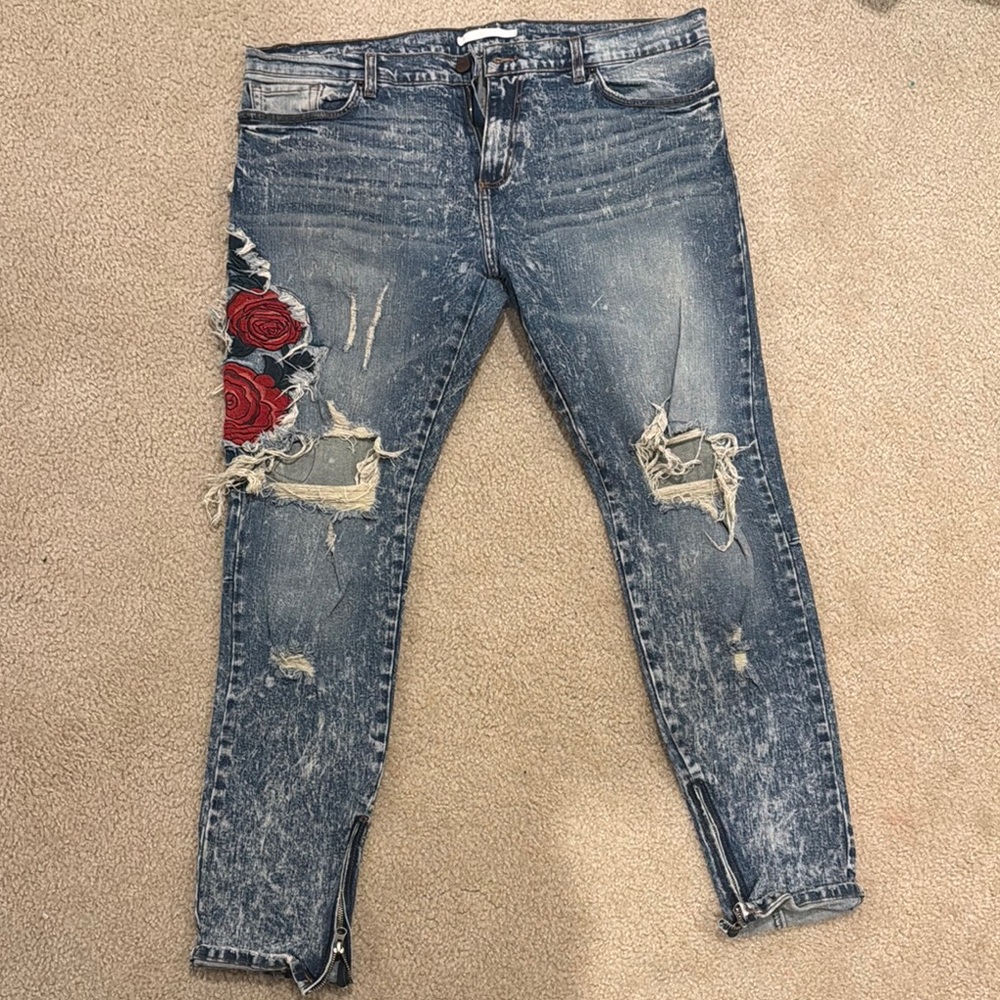 Stylish Blue Distressed Jeans with Red Rose Embroidery
